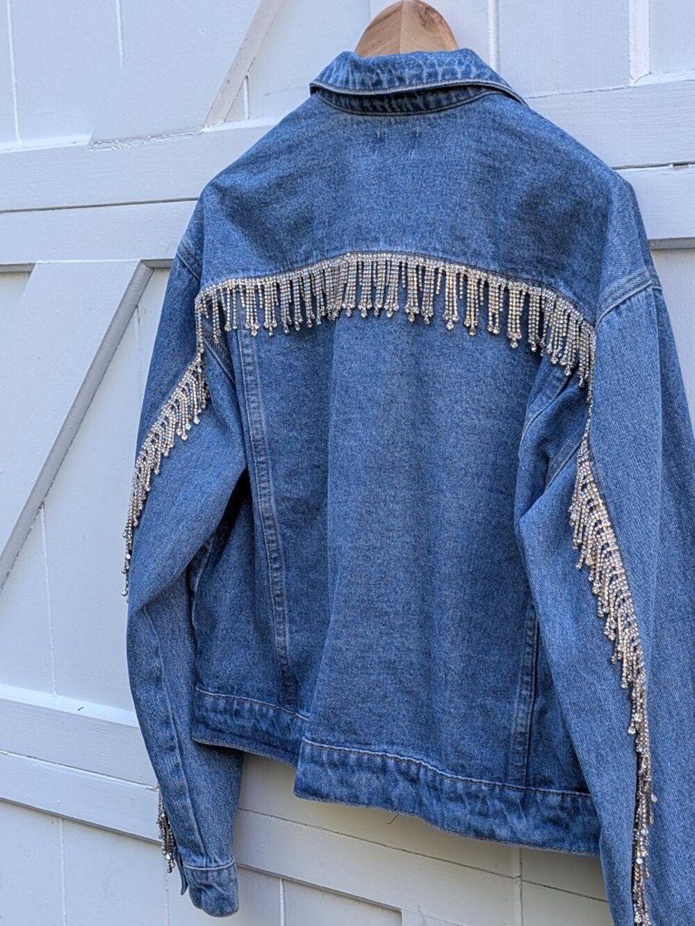 Superdown Revolve Medium Wash Rhinestone Fringe Denim Western Jacket S M